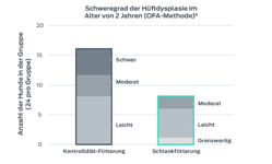 Diagramm zum Ausprägungsgrad von Hüftdisplaysien. Zwei Gruppen von je 24 Hunden, eine Kontrollgruppe und eine Gruppe, die mit Magerfutter gefüttert wurde; Aufzeichnungen über die Anzahl der Hunde, die Anzeichen einer Hüftdysplasie zeigten. Kontrollgruppe: leicht, 7, mittelschwer, 5, schwer, 5. Kontrollgruppe insgesamt: 17 von 24 Hunden. Magerfutter-Gruppe: leicht, 2, mittelschwer, 4, schwer, 3. Magerfutter-Gruppe insgesamt: 9 von 24 Hunden.