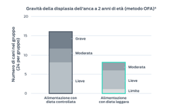Tabella della gravità della displasia dell'anca. Due gruppi di 24 cani: un gruppo di controllo e un gruppo nutrito con dieta leggera; record del numero di cani che mostrano qualsiasi segno di displasia dell'anca. Gruppo di controllo: lieve, 7; moderato, 5; grave, 5. Totale controllo, 17 cani su 24. Gruppo con dieta leggera: lieve, 2; moderato, 4; grave, 3. Totale dieta leggera, 9 cani su 24.
