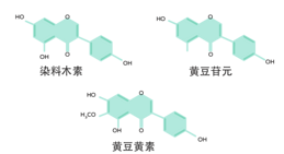 大豆异黄酮的化学成分。染料木黄酮 (C15H10O5)、大豆素 (C15H10O4)、黄豆黄素 (C16H12O5)