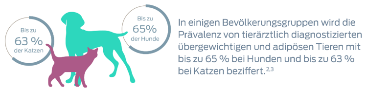 In einigen Bevölkerungsgruppen wird die Prävalenz von tierärztlich diagnostiziertem Übergewicht und Fettleibigkeit bei Hunden mit bis zu 65% und bei Katzen mit bis zu 63% angegeben. Fußnoten 2 und 3