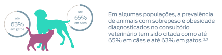 Em algumas populações, a prevalência de animais com sobrepeso e obesidade diagnosticados pelo veterinário tem sido citada como até 65% em cães e até 63% em gatos. Notas de rodapé 2 e 3