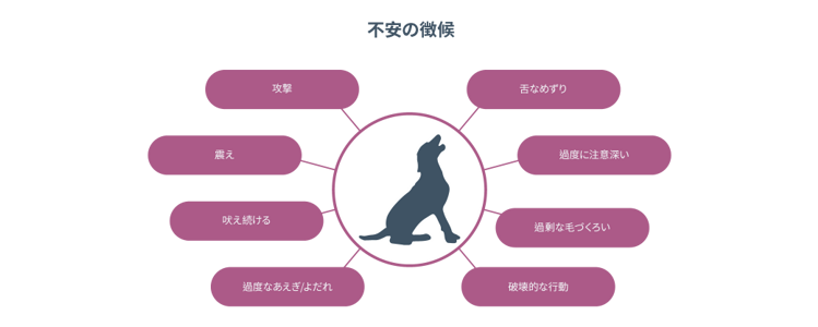 不安の徴候。攻撃性。震え。吠え続ける。過度なあえぎ/よだれ。舌なめずり。過度に注意深い。過剰な毛づくろい。破壊的行動。