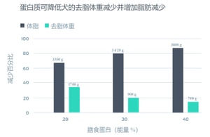 蛋白质减少了犬的去脂体重损失并促进脂肪消耗。本图显示了脂体重和去脂体重损失百分比与饮食方案中的膳食蛋白质百分比的对应情况。含 20% 膳食蛋白质的饮食方案显示脂体重减轻 3350 g，去脂体重减轻 1700 g。含 30% 膳食蛋白质的饮食方案显示脂体重减轻 3420 g，去脂体重减轻 900 g。含 39% 膳食蛋白质的饮食方案显示脂体重减轻 3800 g，去脂体重减轻 700 g。